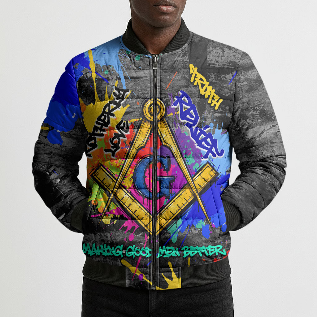 Prince Hall Freemasonry Bomber Puffer Jacket Colorful Graffiti Paint Splatter On Urban Stone Wall