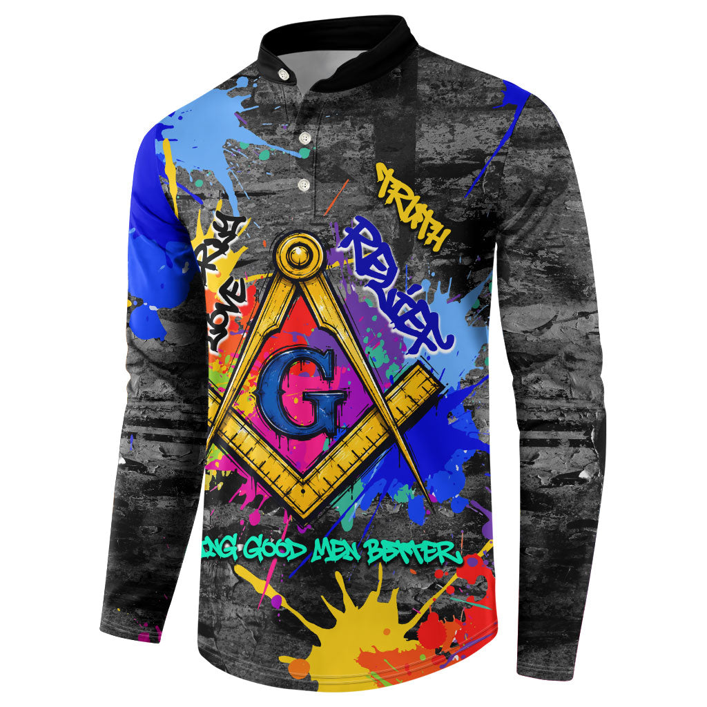 Prince Hall Freemasonry Button Sweatshirt Colorful Graffiti Paint Splatter On Urban Stone Wall