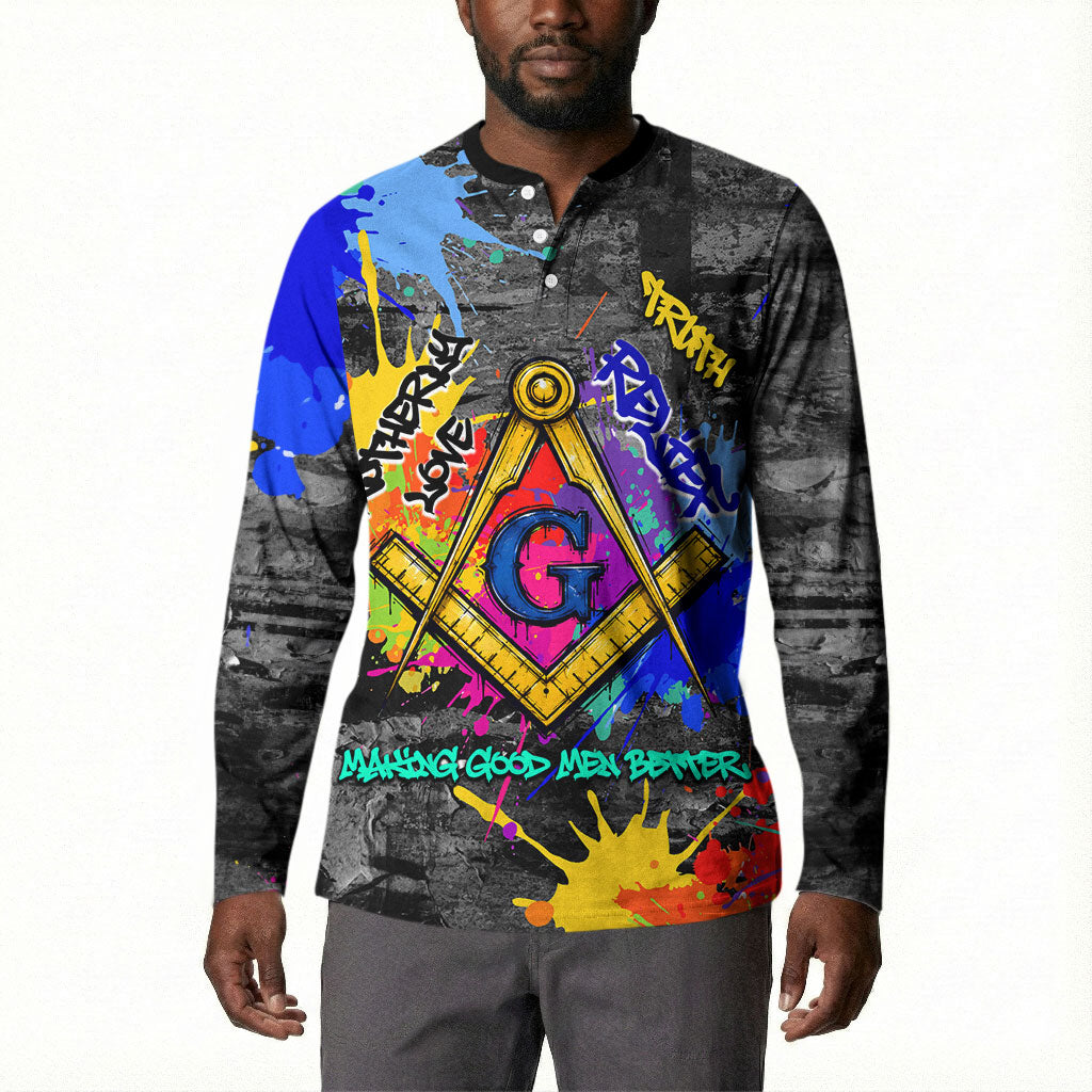 Prince Hall Freemasonry Button Sweatshirt Colorful Graffiti Paint Splatter On Urban Stone Wall