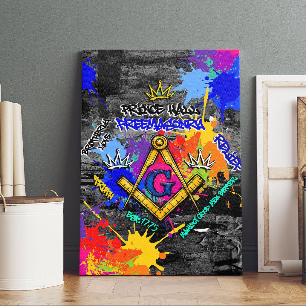 Prince Hall Freemasonry Canvas Wall Art Colorful Graffiti Paint Splatter On Urban Stone Wall