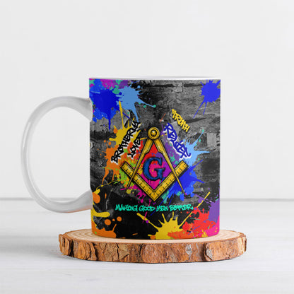 Prince Hall Freemasonry Ceramic Mug Colorful Graffiti Paint Splatter On Urban Stone Wall