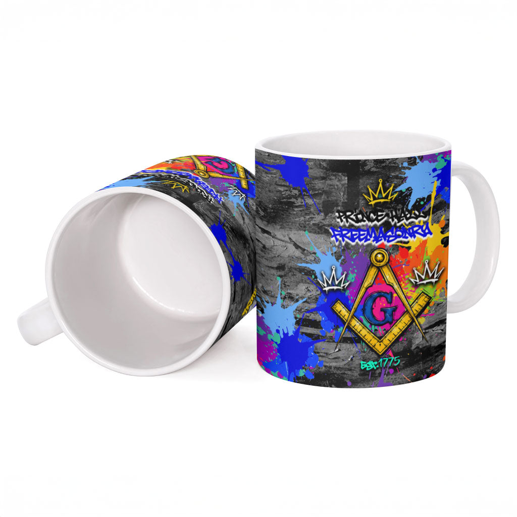 Prince Hall Freemasonry Ceramic Mug Colorful Graffiti Paint Splatter On Urban Stone Wall