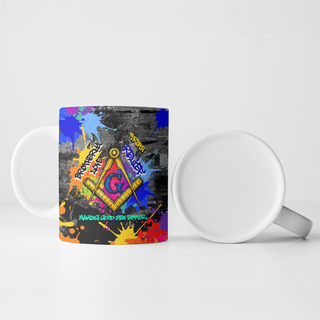 Prince Hall Freemasonry Ceramic Mug Colorful Graffiti Paint Splatter On Urban Stone Wall
