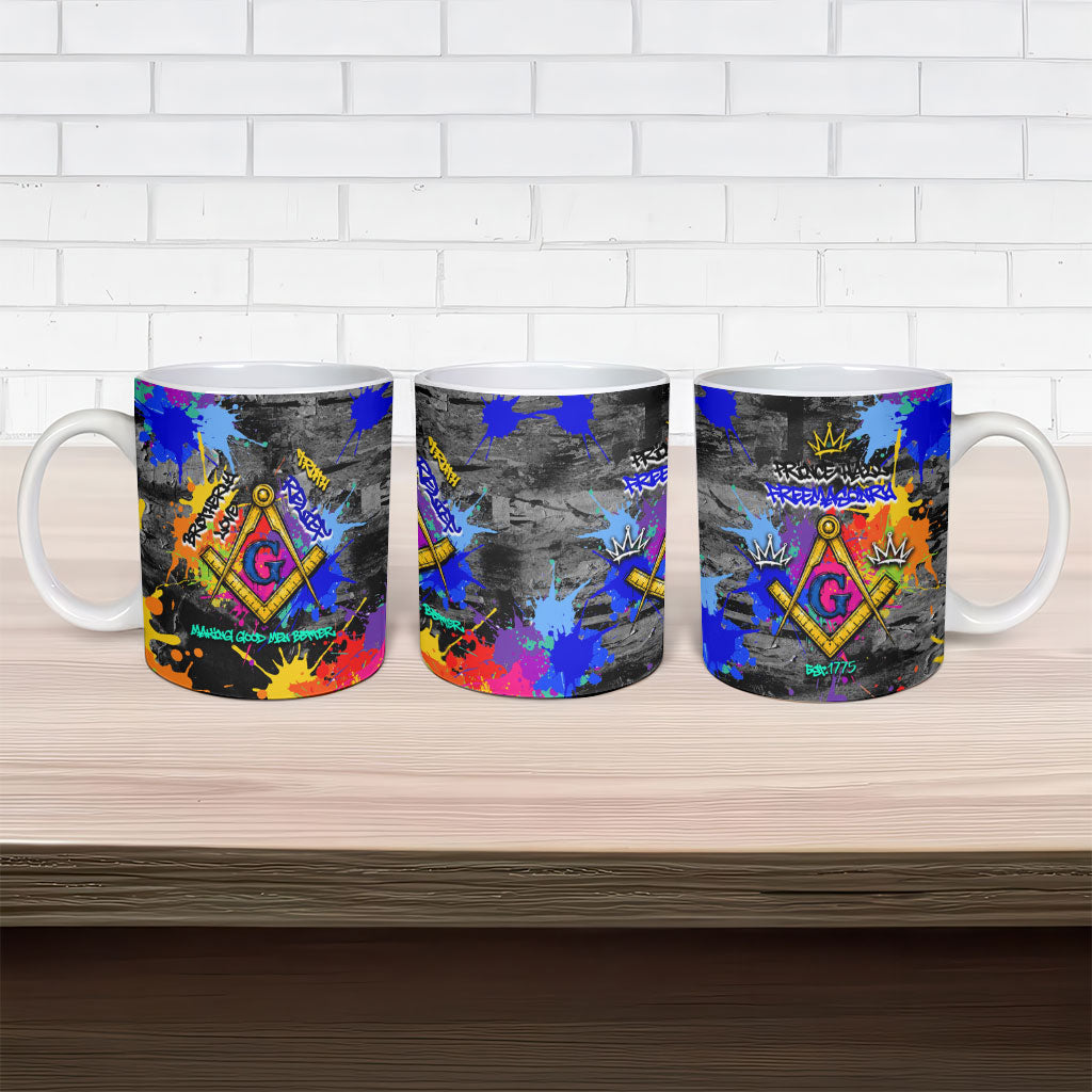 Prince Hall Freemasonry Ceramic Mug Colorful Graffiti Paint Splatter On Urban Stone Wall