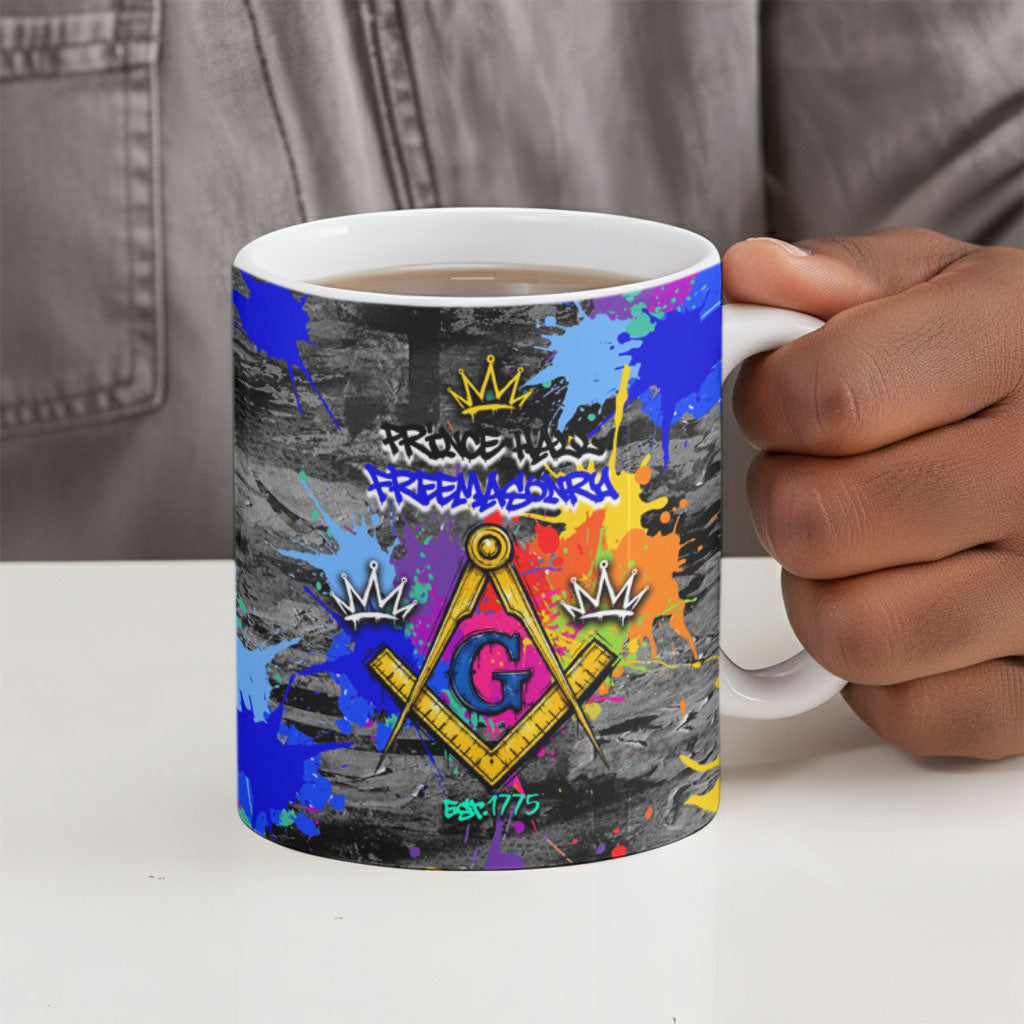 Prince Hall Freemasonry Ceramic Mug Colorful Graffiti Paint Splatter On Urban Stone Wall