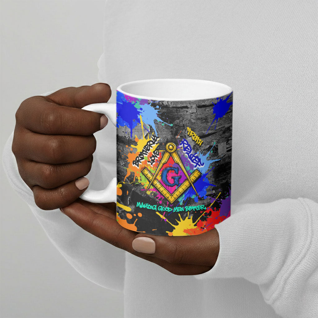 Prince Hall Freemasonry Ceramic Mug Colorful Graffiti Paint Splatter On Urban Stone Wall
