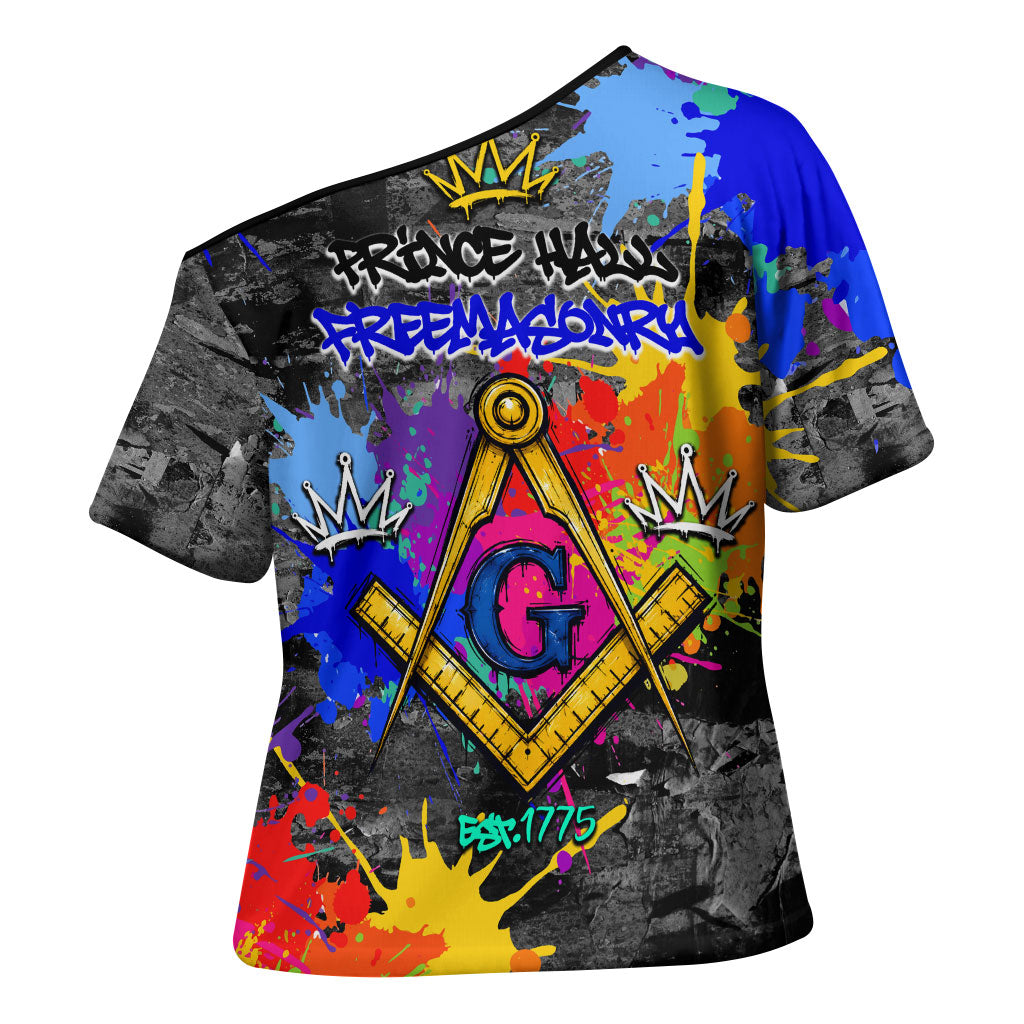 Prince Hall Freemasonry Cross Shoulder Shirt Colorful Graffiti Paint Splatter On Urban Stone Wall