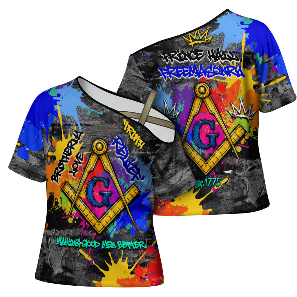 Prince Hall Freemasonry Cross Shoulder Shirt Colorful Graffiti Paint Splatter On Urban Stone Wall