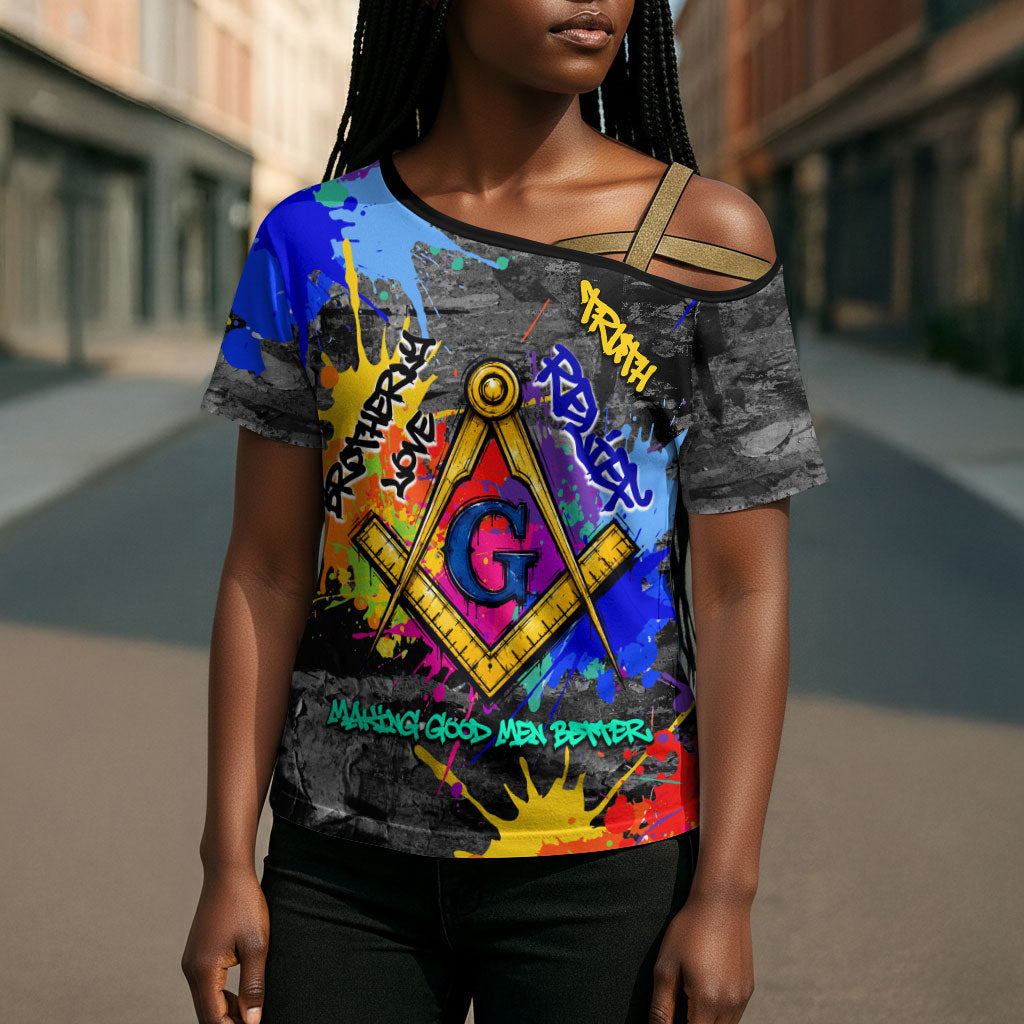 Prince Hall Freemasonry Cross Shoulder Shirt Colorful Graffiti Paint Splatter On Urban Stone Wall