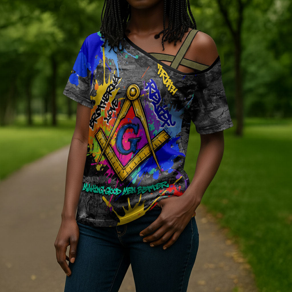 Prince Hall Freemasonry Cross Shoulder Shirt Colorful Graffiti Paint Splatter On Urban Stone Wall