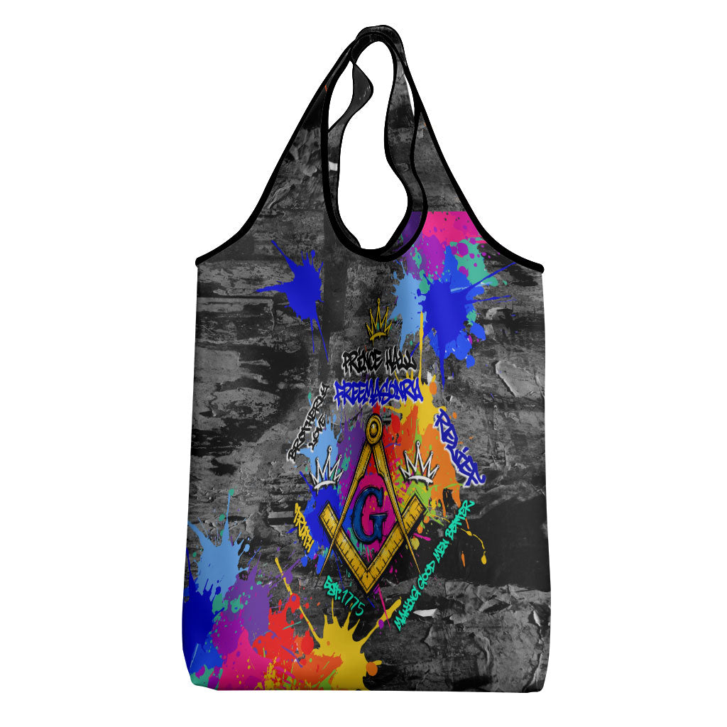 Prince Hall Freemasonry Grocery Bag Colorful Graffiti Paint Splatter On Urban Stone Wall