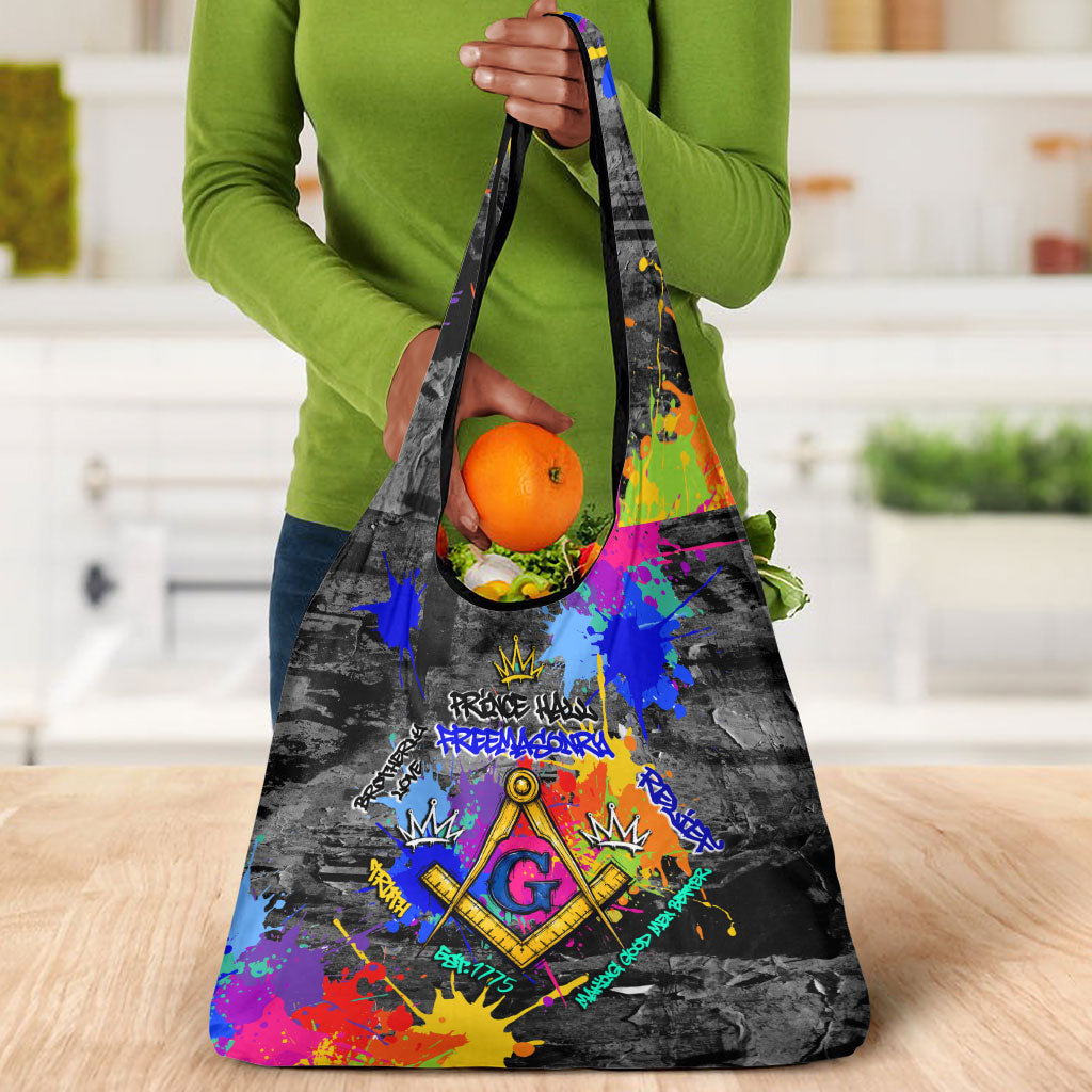 Prince Hall Freemasonry Grocery Bag Colorful Graffiti Paint Splatter On Urban Stone Wall