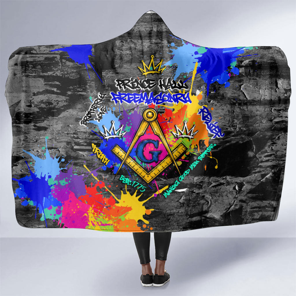 Prince Hall Freemasonry Hooded Blanket Colorful Graffiti Paint Splatter On Urban Stone Wall