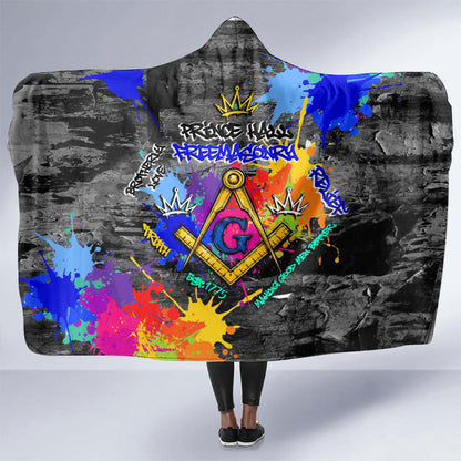 Prince Hall Freemasonry Hooded Blanket Colorful Graffiti Paint Splatter On Urban Stone Wall