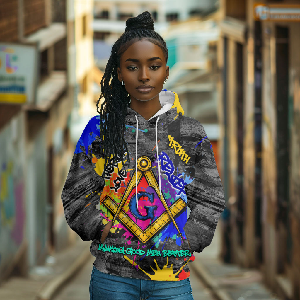 Prince Hall Freemasonry Hoodie Colorful Graffiti Paint Splatter On Urban Stone Wall
