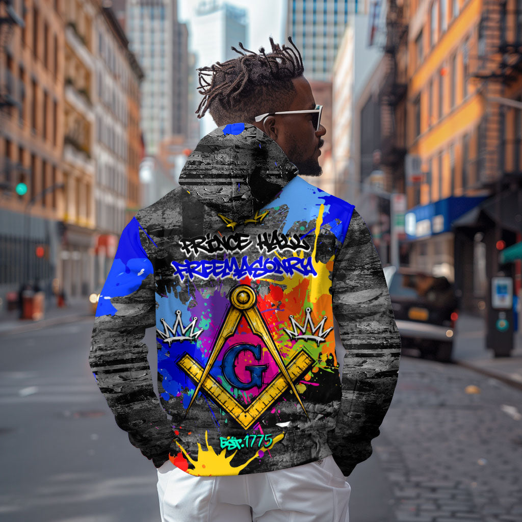 Prince Hall Freemasonry Hoodie Colorful Graffiti Paint Splatter On Urban Stone Wall