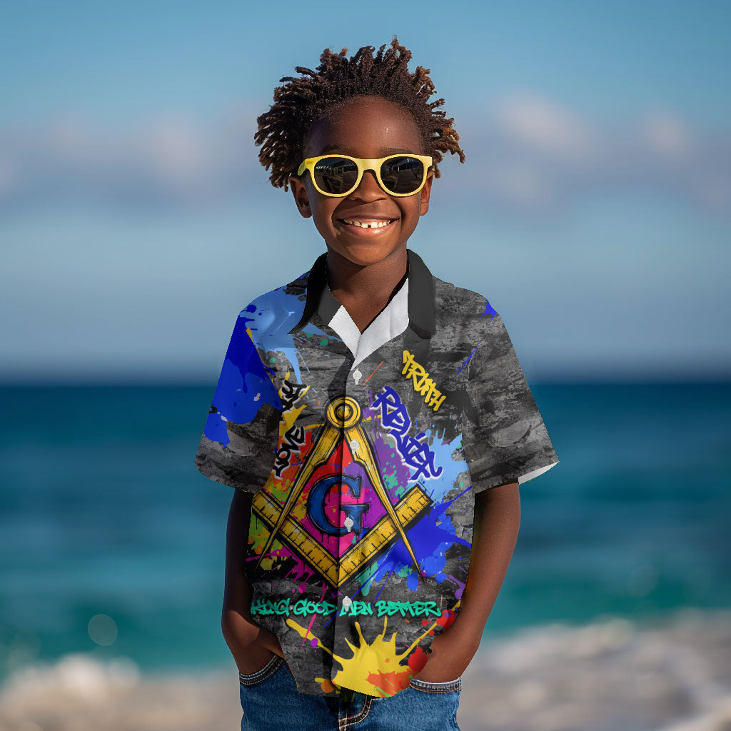 Prince Hall Freemasonry Kid Hawaiian Shirt Colorful Graffiti Paint Splatter On Urban Stone Wall