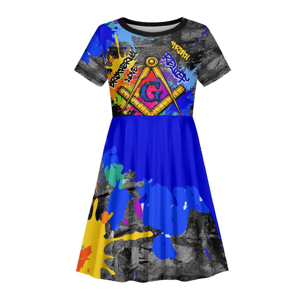 Prince Hall Freemasonry Kid Short Sleeve Dress Colorful Graffiti Paint Splatter On Urban Stone Wall