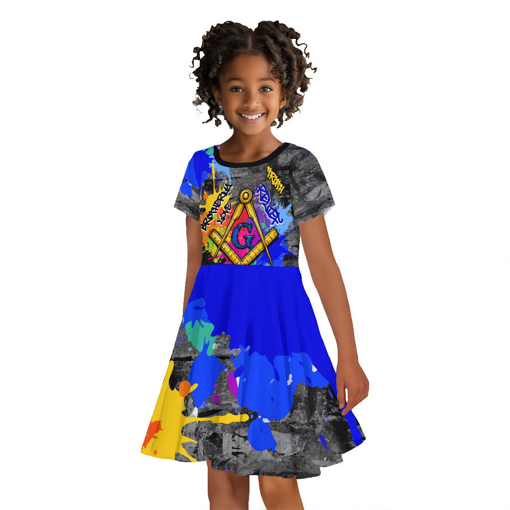 Prince Hall Freemasonry Kid Short Sleeve Dress Colorful Graffiti Paint Splatter On Urban Stone Wall