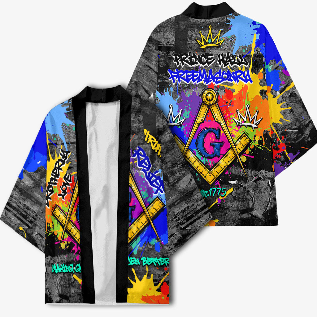 Prince Hall Freemasonry Kimono Colorful Graffiti Paint Splatter On Urban Stone Wall