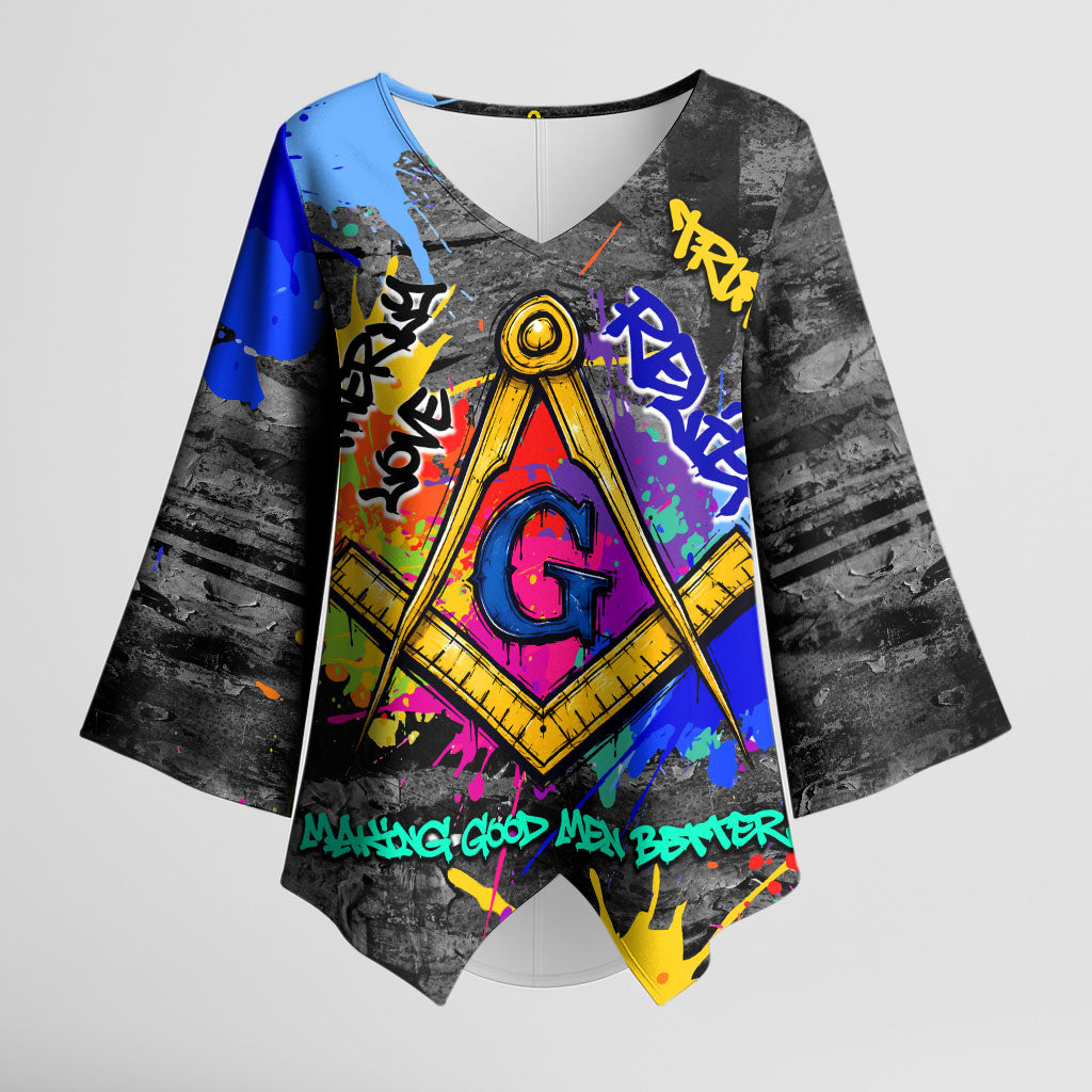 Prince Hall Freemasonry Kimono Sleeve Blouse Colorful Graffiti Paint Splatter On Urban Stone Wall