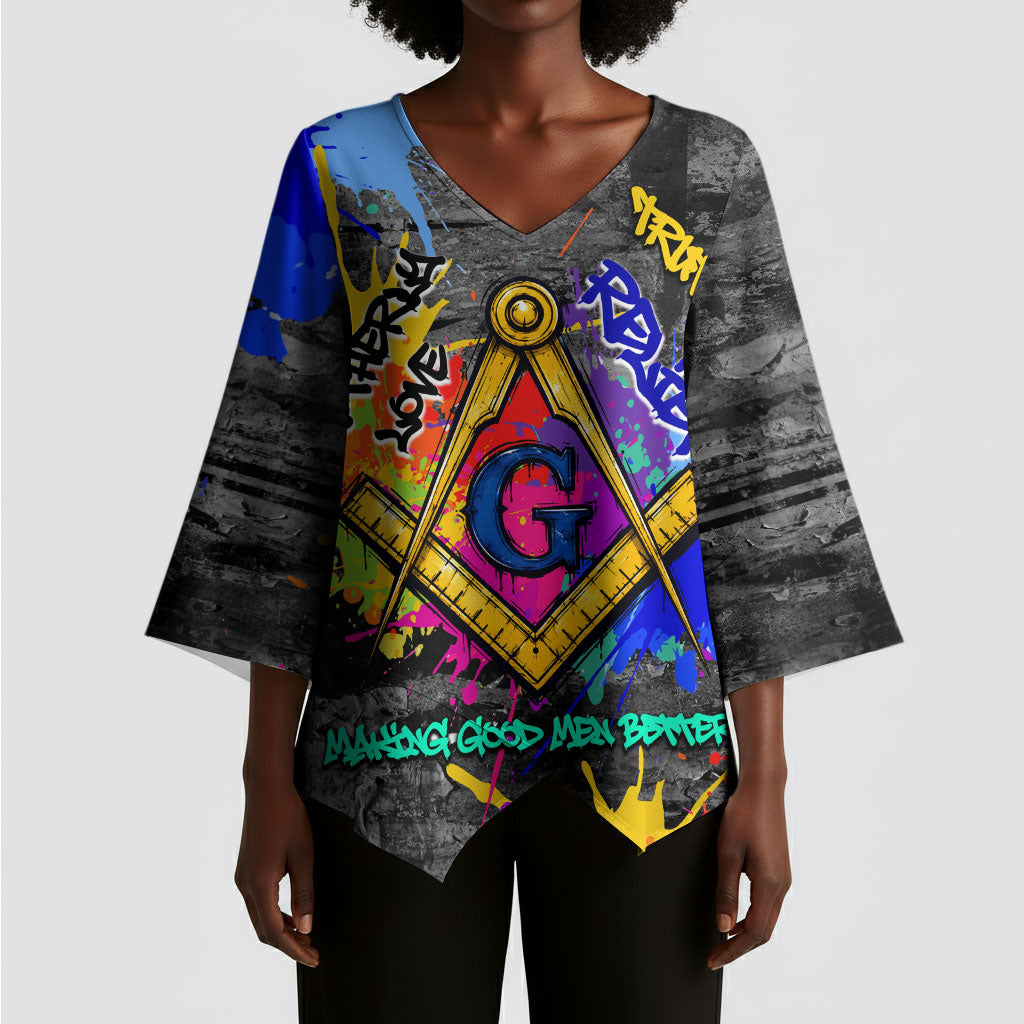 Prince Hall Freemasonry Kimono Sleeve Blouse Colorful Graffiti Paint Splatter On Urban Stone Wall