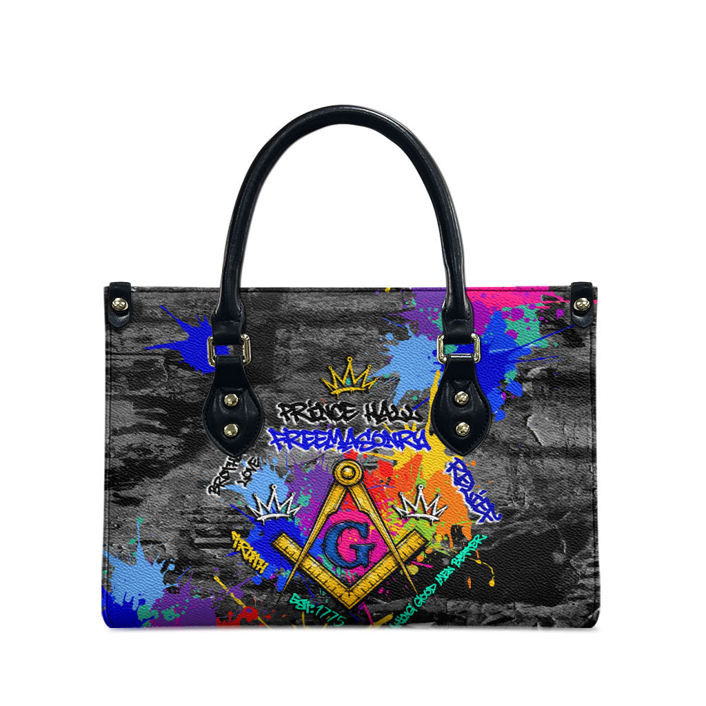 Prince Hall Freemasonry Leather Bag Colorful Graffiti Paint Splatter On Urban Stone Wall