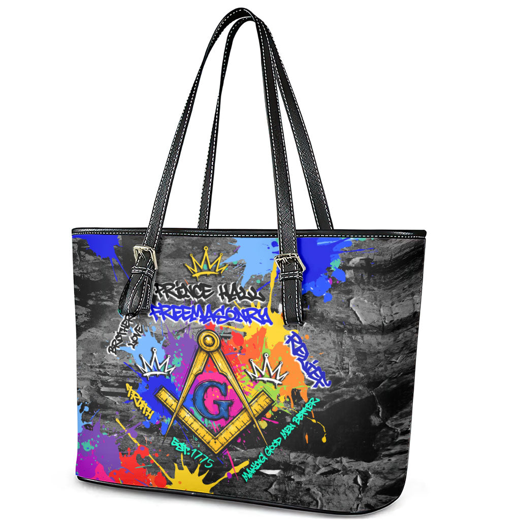 Prince Hall Freemasonry Leather Tote Bag Colorful Graffiti Paint Splatter On Urban Stone Wall