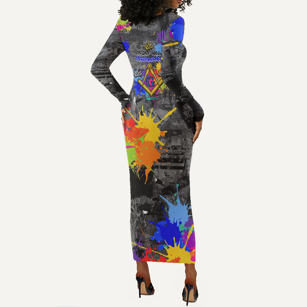 Prince Hall Freemasonry Long Sleeve Bodycon Dress Colorful Graffiti Paint Splatter On Urban Stone Wall