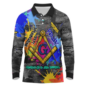 Prince Hall Freemasonry Long Sleeve Polo Shirt Colorful Graffiti Paint Splatter On Urban Stone Wall