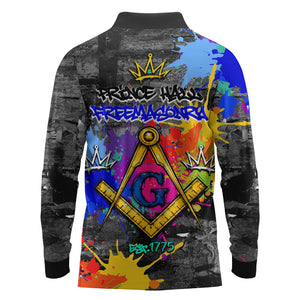Prince Hall Freemasonry Long Sleeve Polo Shirt Colorful Graffiti Paint Splatter On Urban Stone Wall