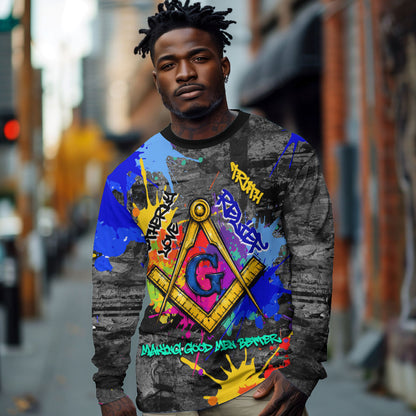 Prince Hall Freemasonry Long Sleeve Shirt Colorful Graffiti Paint Splatter On Urban Stone Wall