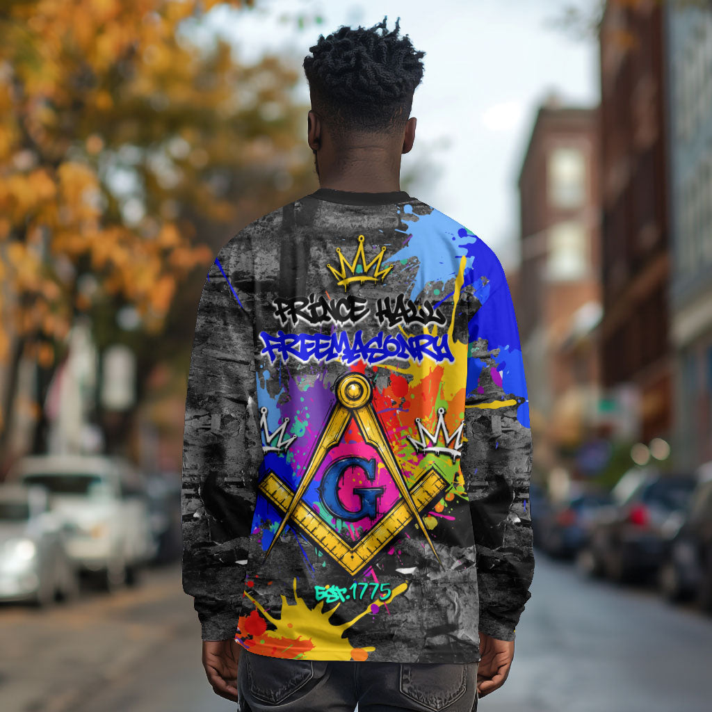 Prince Hall Freemasonry Long Sleeve Shirt Colorful Graffiti Paint Splatter On Urban Stone Wall