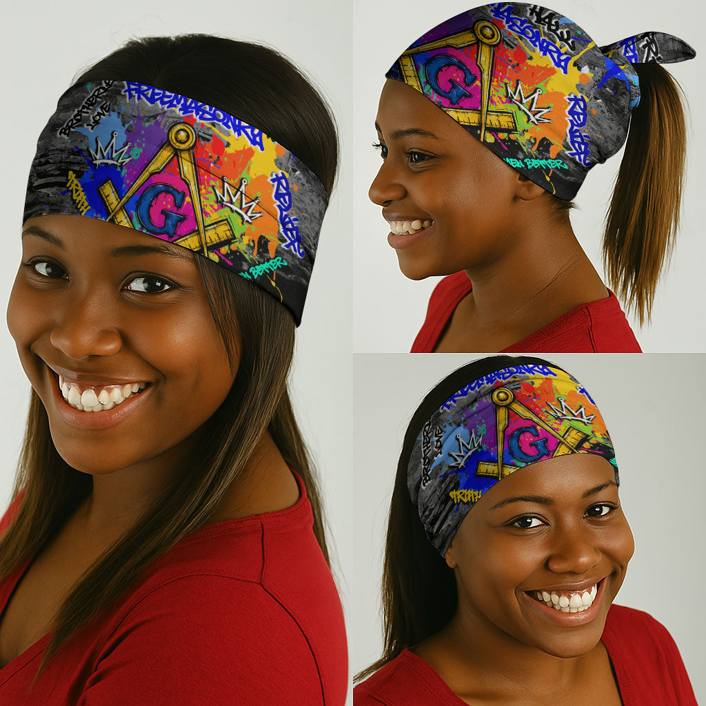 Prince Hall Freemasonry Neck Gaiter Colorful Graffiti Paint Splatter On Urban Stone Wall