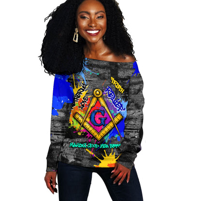 Prince Hall Freemasonry Off Shoulder Sweater Colorful Graffiti Paint Splatter On Urban Stone Wall