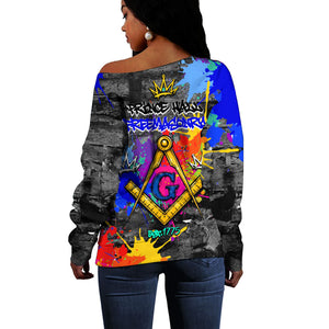 Prince Hall Freemasonry Off Shoulder Sweater Colorful Graffiti Paint Splatter On Urban Stone Wall