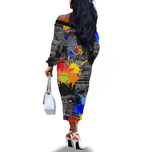 Prince Hall Freemasonry Off The Shoulder Long Sleeve Dress Colorful Graffiti Paint Splatter On Urban Stone Wall