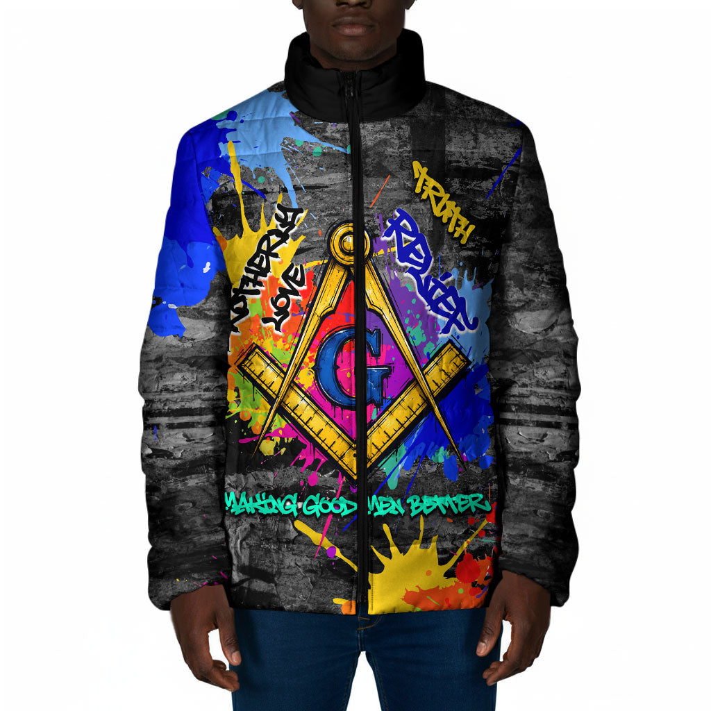 Prince Hall Freemasonry Padded Jacket Colorful Graffiti Paint Splatter On Urban Stone Wall