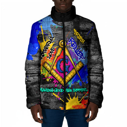 Prince Hall Freemasonry Padded Jacket Colorful Graffiti Paint Splatter On Urban Stone Wall