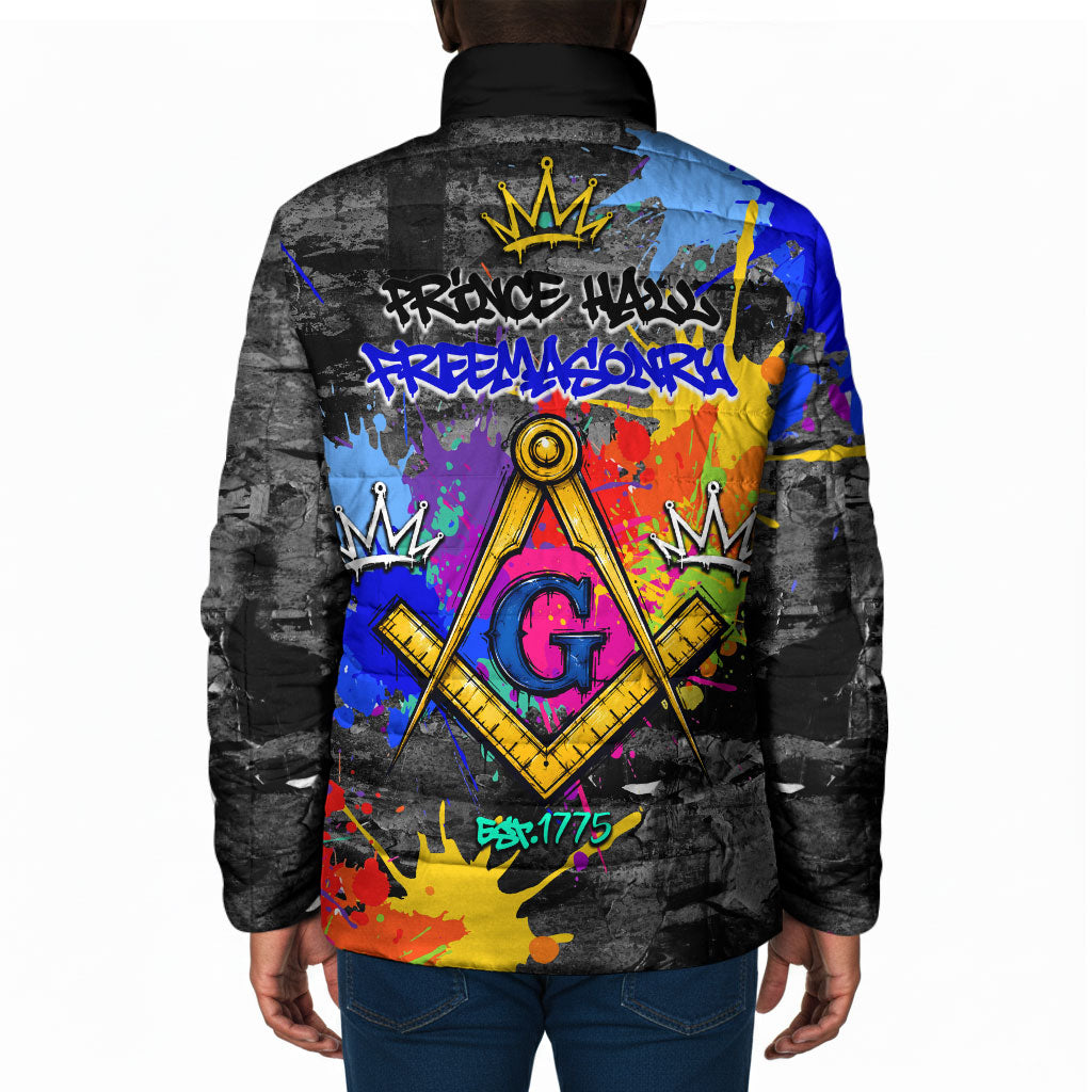Prince Hall Freemasonry Padded Jacket Colorful Graffiti Paint Splatter On Urban Stone Wall