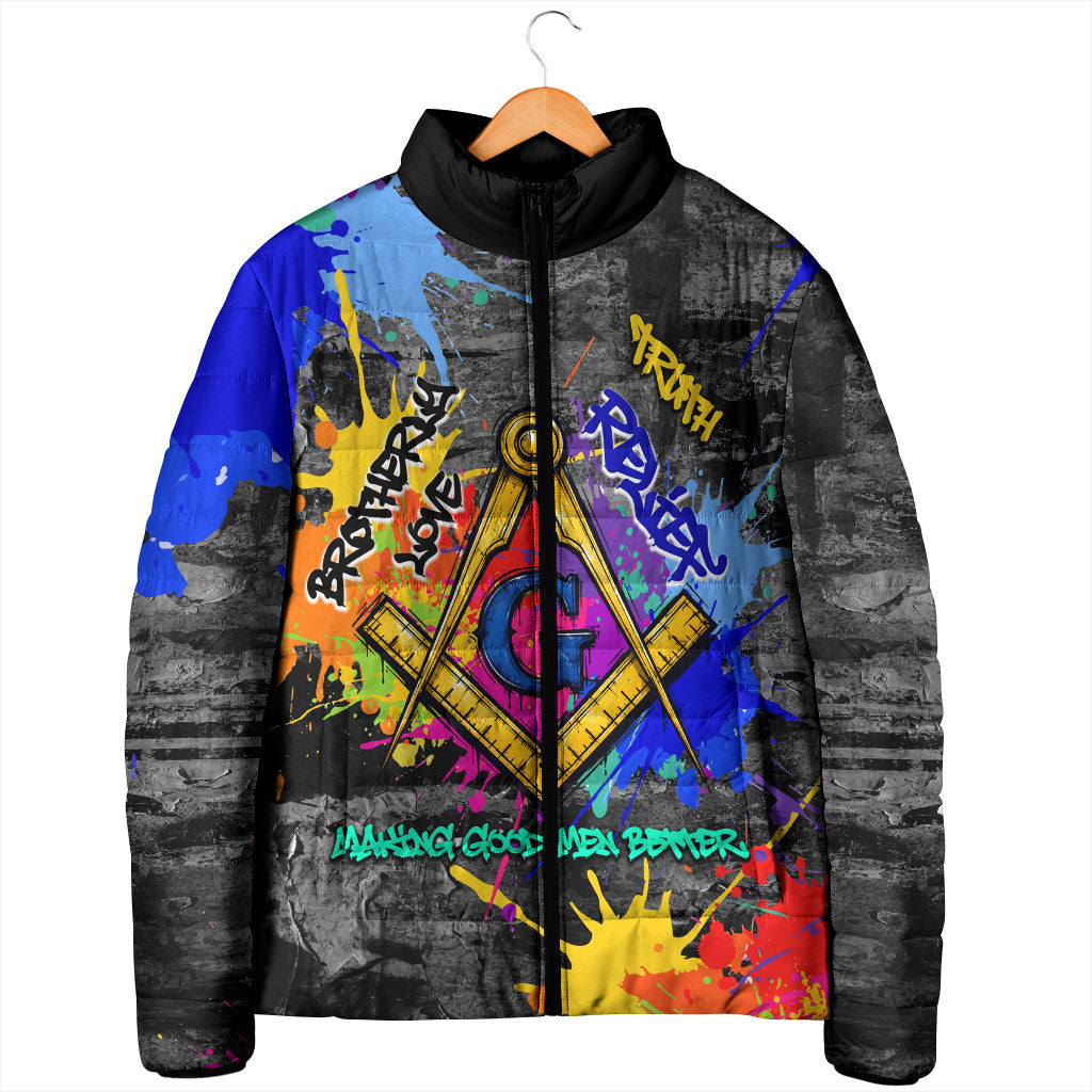 Prince Hall Freemasonry Padded Jacket Colorful Graffiti Paint Splatter On Urban Stone Wall
