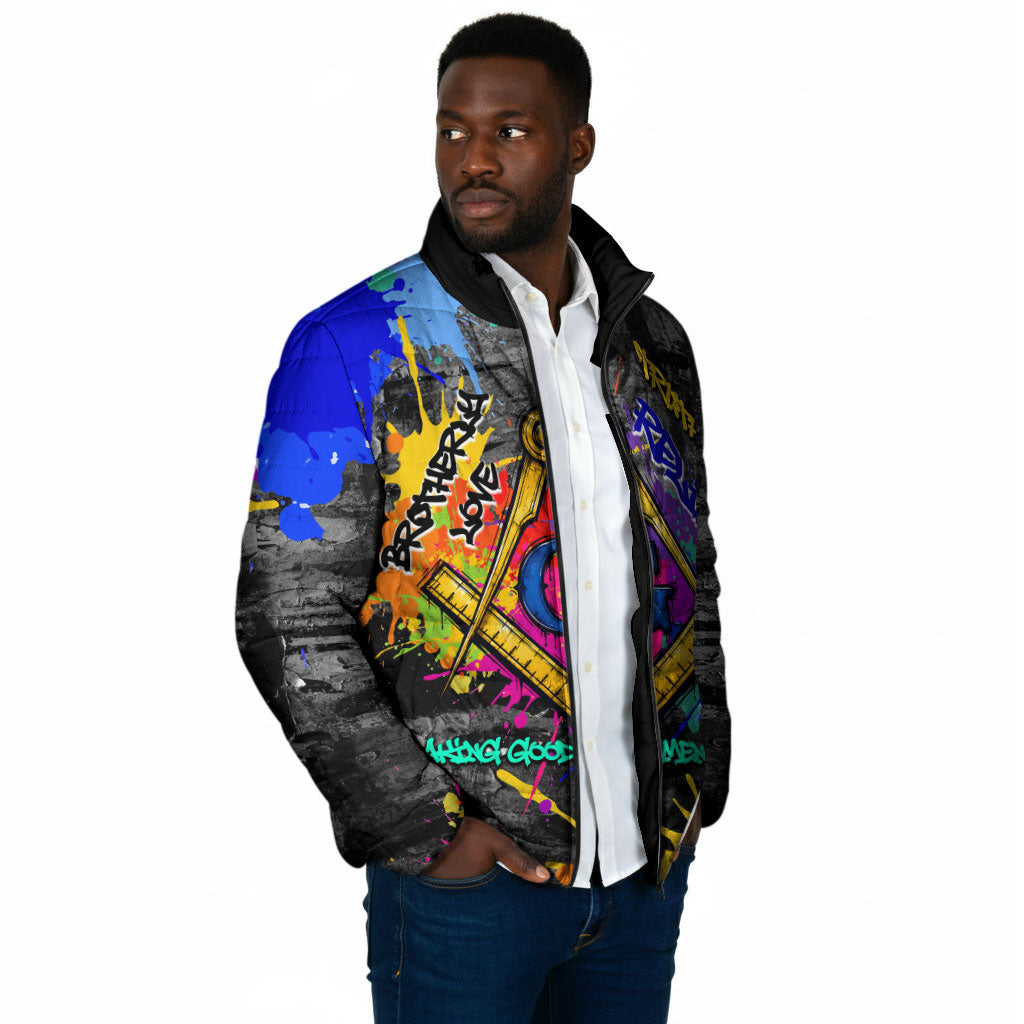 Prince Hall Freemasonry Padded Jacket Colorful Graffiti Paint Splatter On Urban Stone Wall