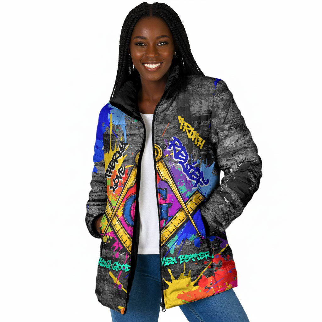 Prince Hall Freemasonry Padded Jacket Colorful Graffiti Paint Splatter On Urban Stone Wall