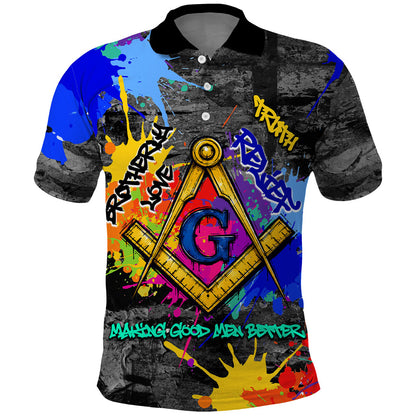 Prince Hall Freemasonry Polo Shirt Colorful Graffiti Paint Splatter On Urban Stone Wall