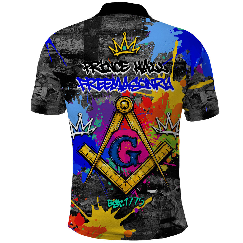Prince Hall Freemasonry Polo Shirt Colorful Graffiti Paint Splatter On Urban Stone Wall