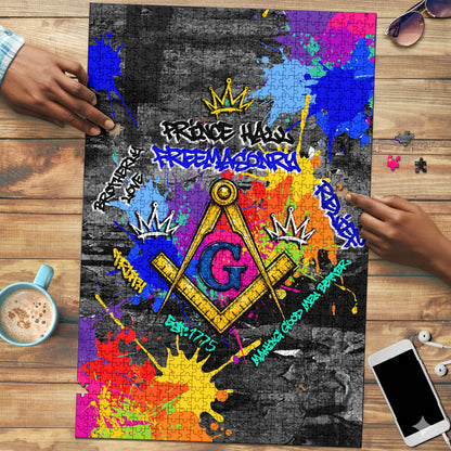 Prince Hall Freemasonry Puzzle Colorful Graffiti Paint Splatter On Urban Stone Wall