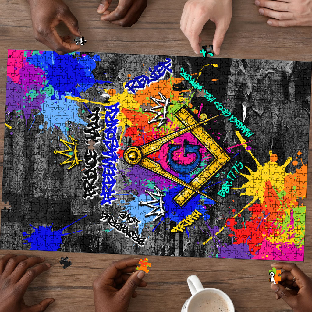 Prince Hall Freemasonry Puzzle Colorful Graffiti Paint Splatter On Urban Stone Wall