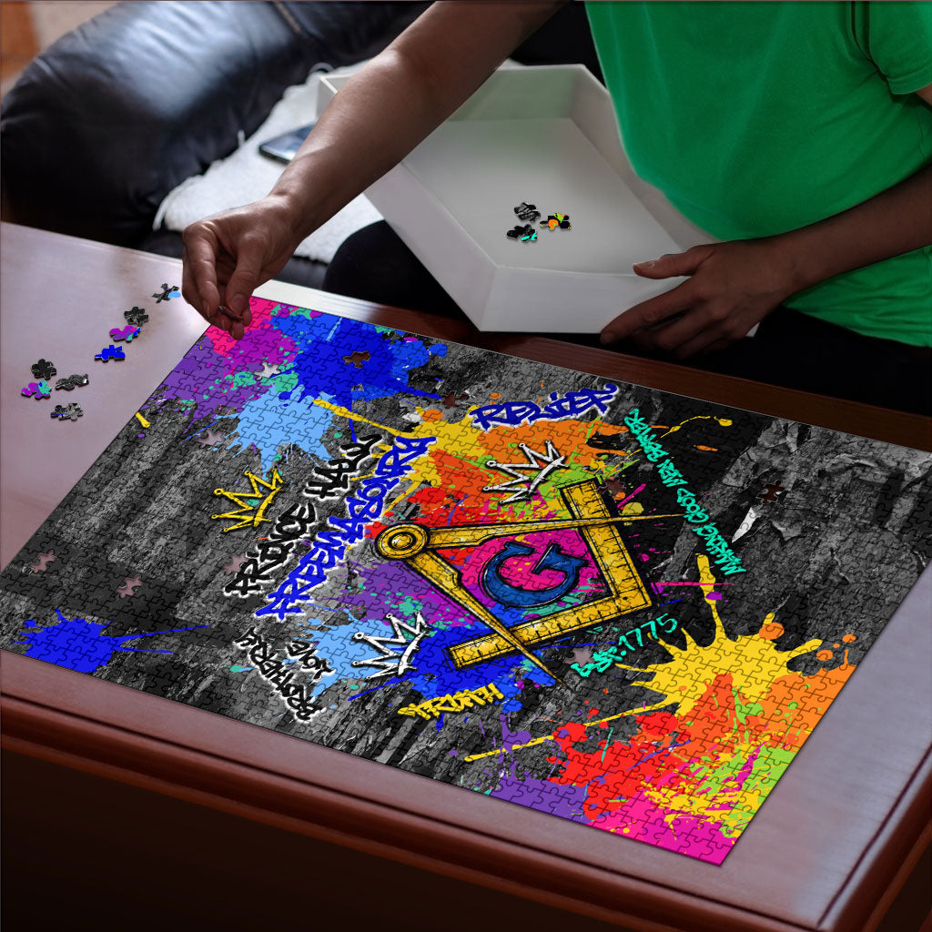 Prince Hall Freemasonry Puzzle Colorful Graffiti Paint Splatter On Urban Stone Wall