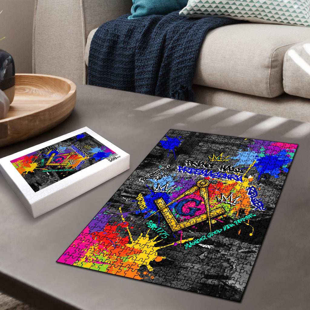 Prince Hall Freemasonry Puzzle Colorful Graffiti Paint Splatter On Urban Stone Wall