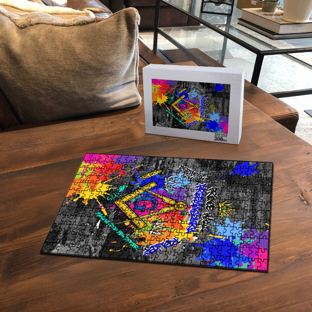 Prince Hall Freemasonry Puzzle Colorful Graffiti Paint Splatter On Urban Stone Wall